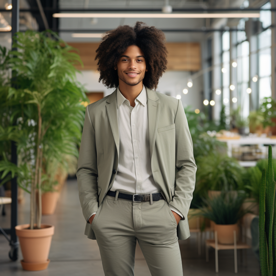 A young professional wearing a modern suit style in a co-working space filled with green plants.