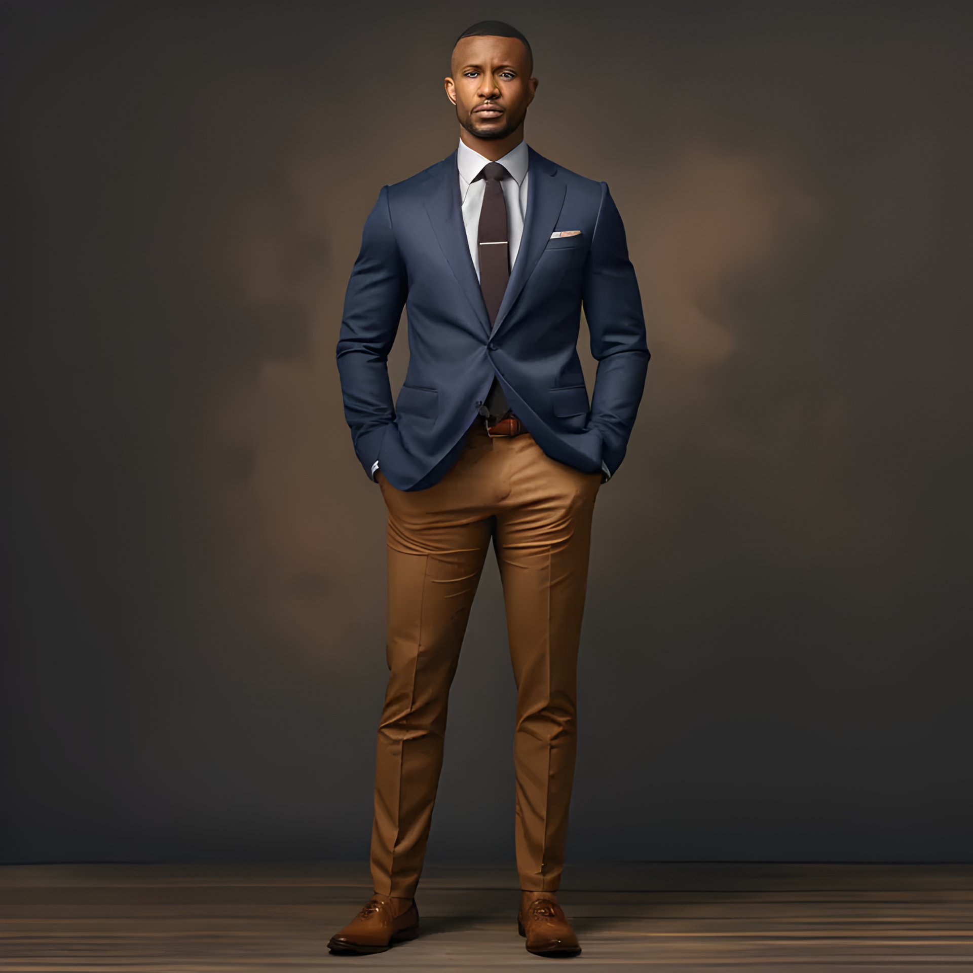 A man wearing a navy suit jacket and tan pants, one of the must-have suits