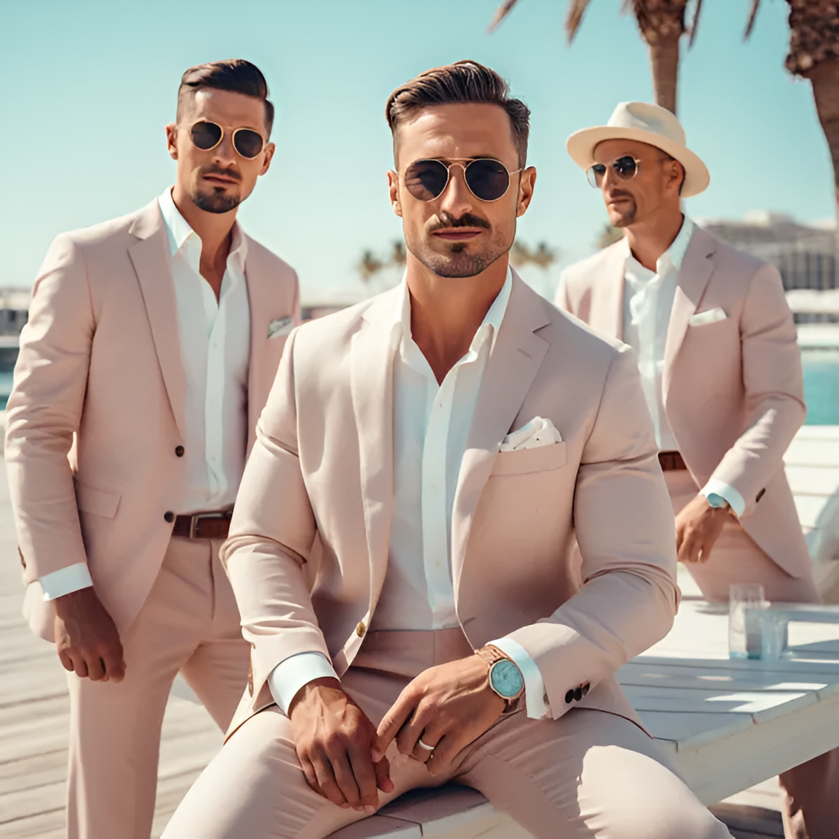 Three men wearing suits in light colours