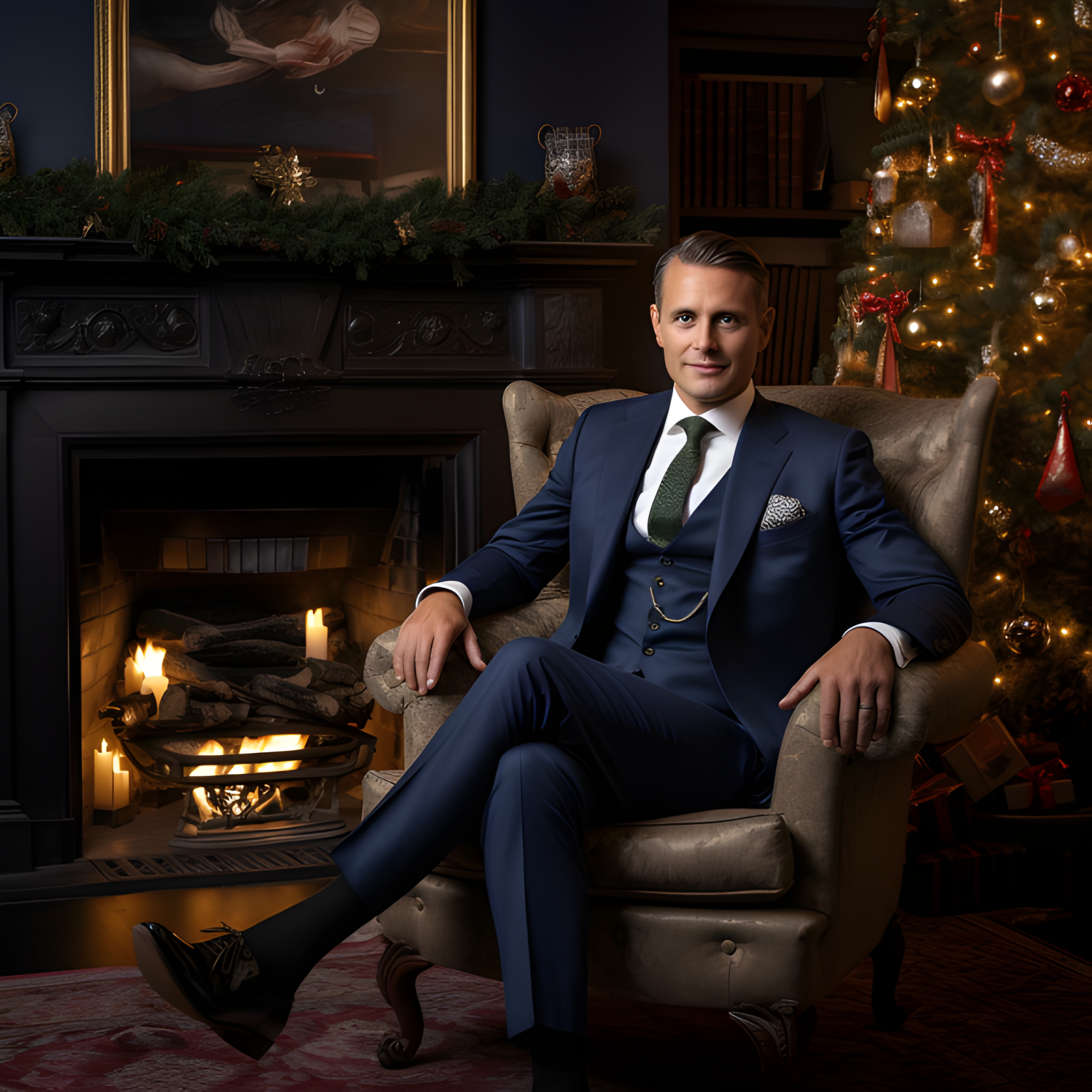 A man who has upgraded his Christmas wardrobe by wearing a bespoke suit