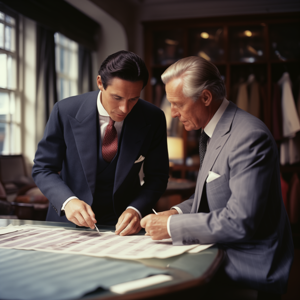 A luxury bespoke men's tailor having a consultation with a client