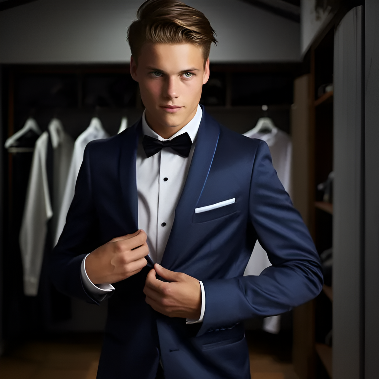 A young man wearing a prom suit