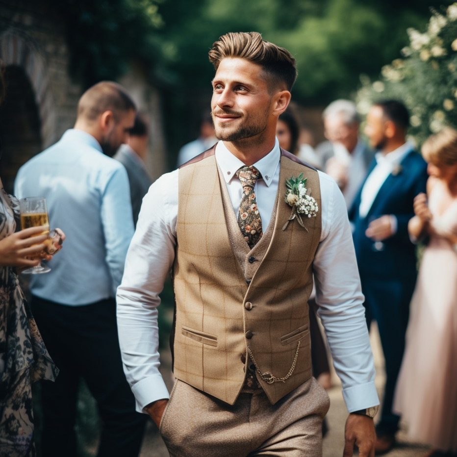 A man wearing a waistcoat at a summer wedding
