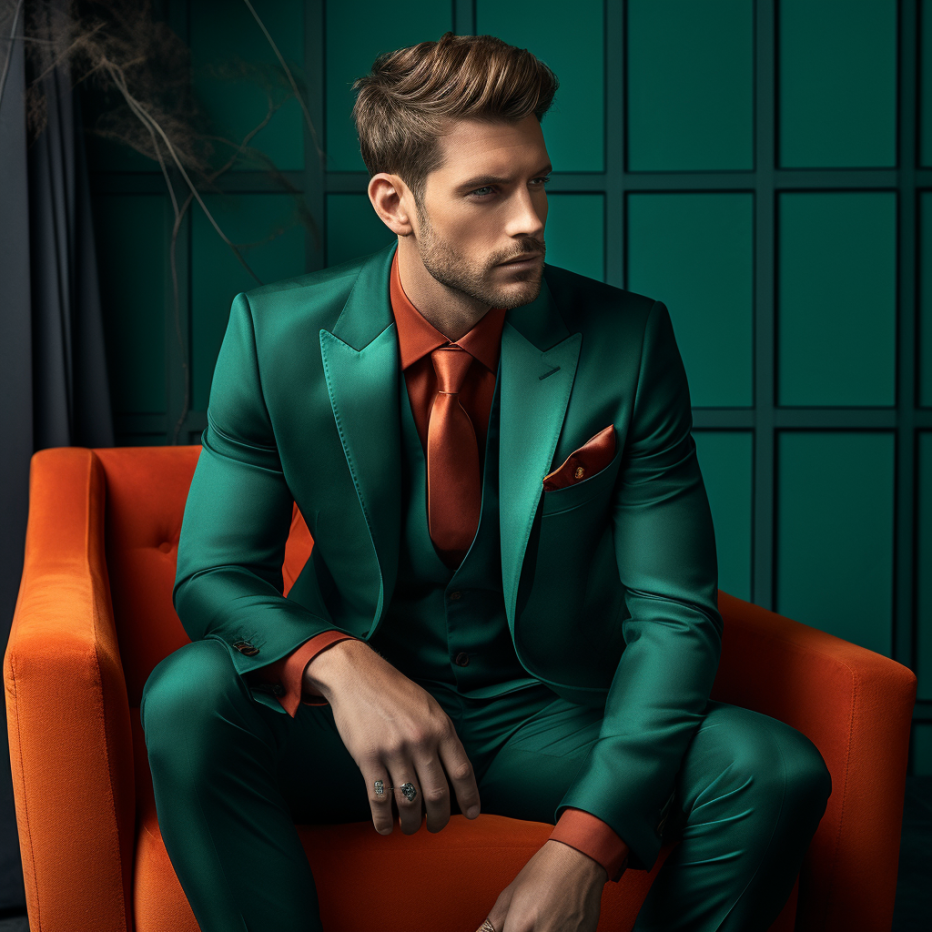 a male model wearing a modern suit styled in bold colours.