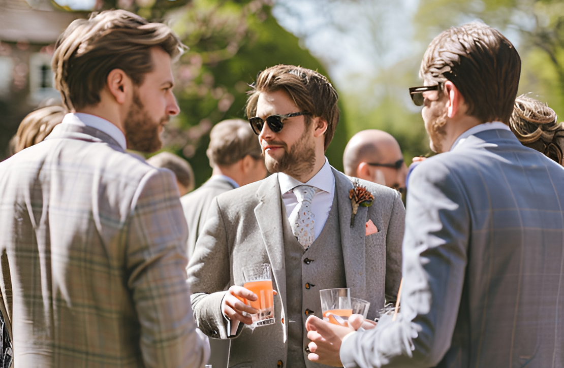 Three men wearing spring suits at a wedding